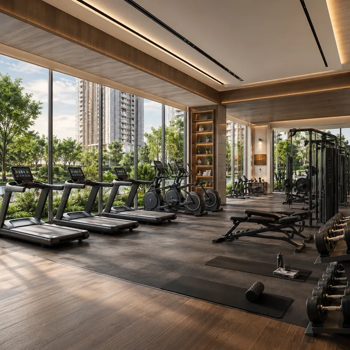 Sattva Kanakapura Road fully equipped gymnasium with garden view